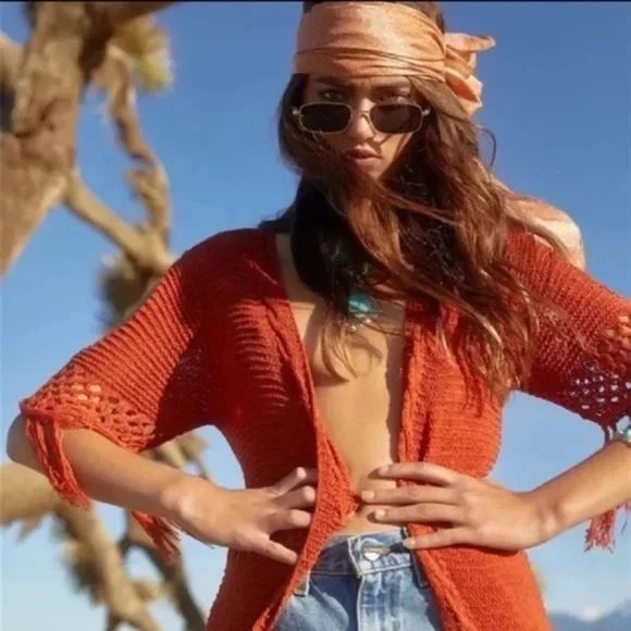 Rust Crochet Boho Long Duster Knit Sweater Wrap - Picture 3 of 3